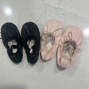 Two pair Black and Pink toddler Girls Leather Sole Ballet Dance Shoes Size 10